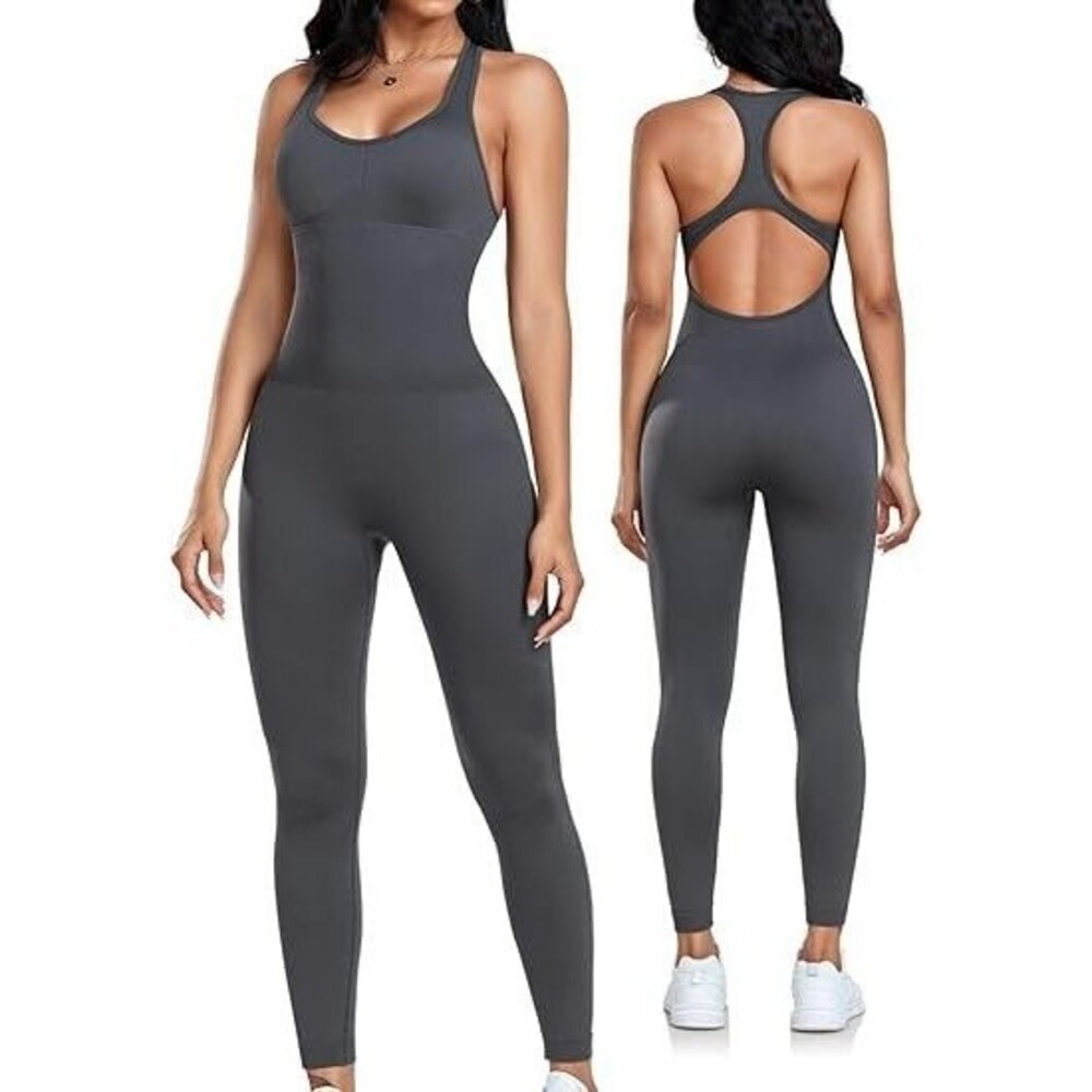 OLCHEE Women's Jumpsuits SMALL Grey Seamless Racerback Yoga Gym Workout Bodycon